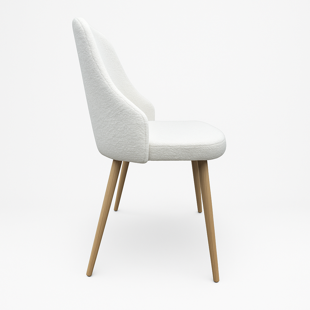 Silla de comedor tapizada en paño bouclé blanco. Patas metálicas con efecto madera gracias a la impresión de transferencia de grano de madera.