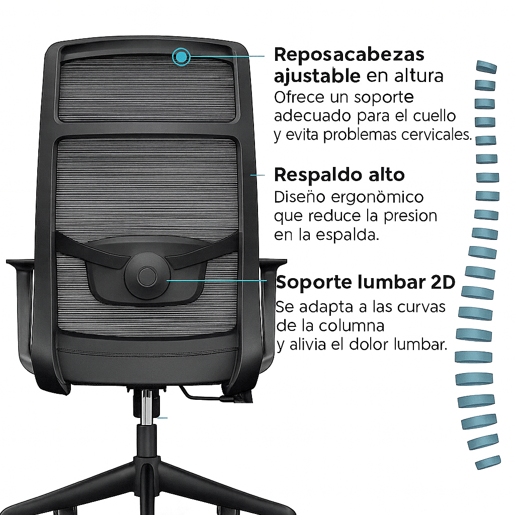 Silla de oficina ergonómica Steven-H con respaldo de malla, reposacabezas ajustable, soporte lumbar 2D, reposabrazos fijos y sistema de bloqueo de inclinación.