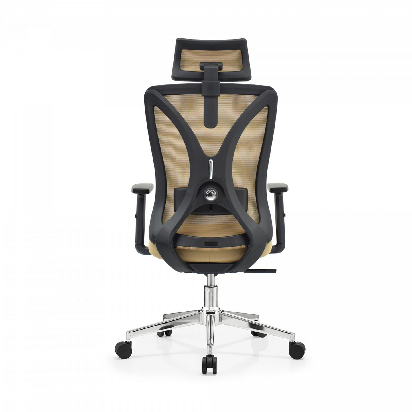 Silla de oficina ergonómica caqui con respaldo de malla, soporte lumbar 2D, reposacabezas ajustable y percha trasera. Confort y estilo para tu oficina.