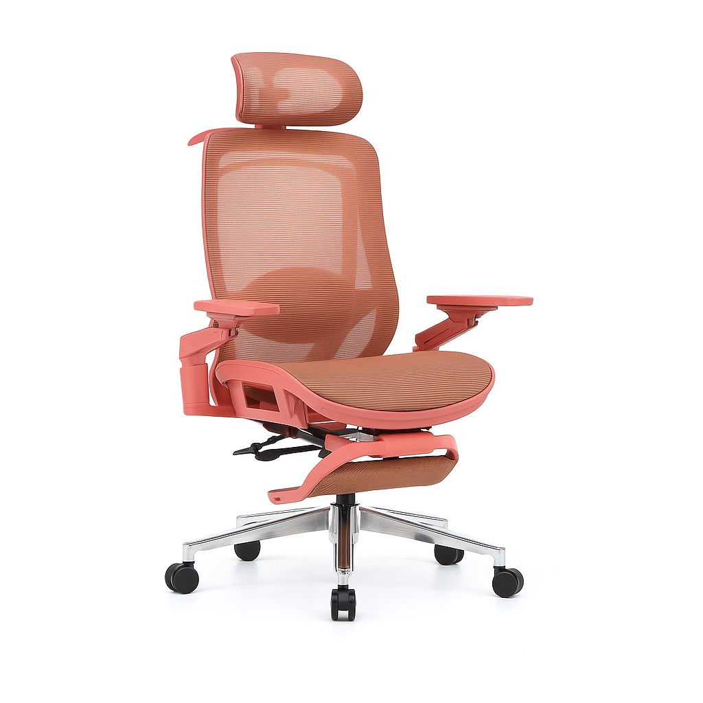 Silla de oficina ergonómica teja con respaldo y asiento de malla, soporte lumbar 2D, reposabrazos 6D, reposapiés y reclinación en 3 posiciones.