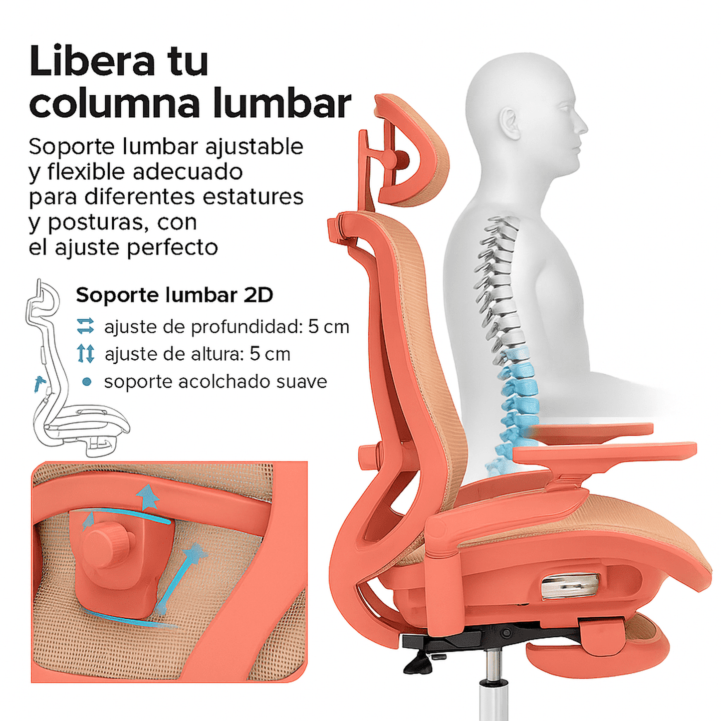 Silla de oficina ergonómica teja con respaldo y asiento de malla, soporte lumbar 2D, reposabrazos 6D, reposapiés y reclinación en 3 posiciones.
