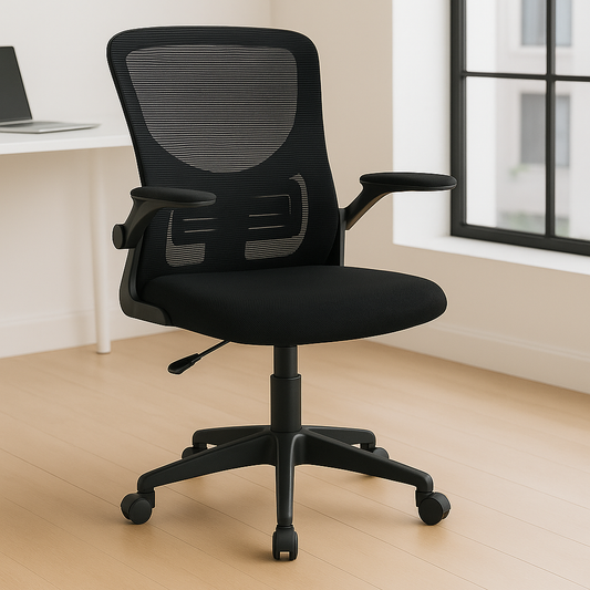 Silla de oficina ORIS de malla negra, ergonómica y regulable. Respaldo alto, asiento acolchado y diseño moderno. Medidas: 56 × 56 × 110 cm.