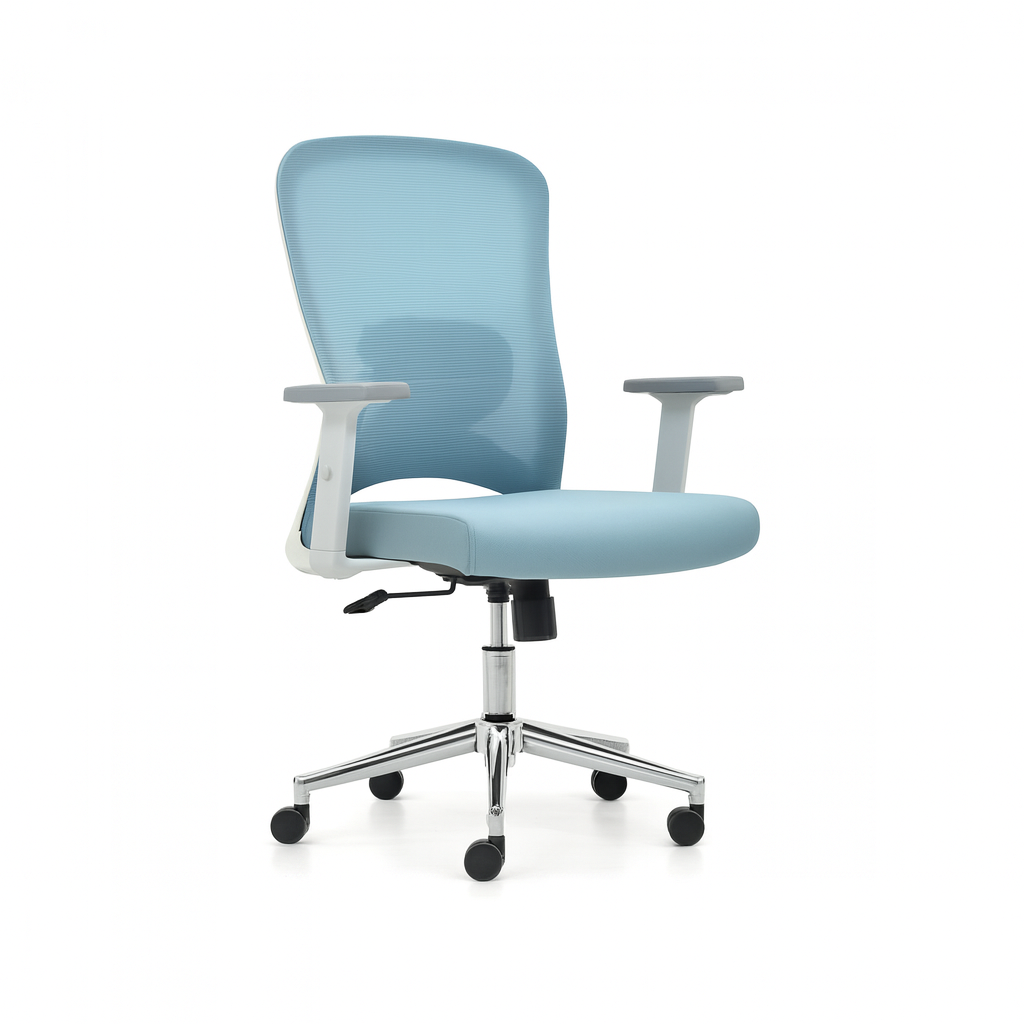 Silla de oficina ergonómica Sammy-MG con respaldo de malla media altura, soporte lumbar 2D, reposabrazos ajustables y sistema de inclinación con bloqueo.