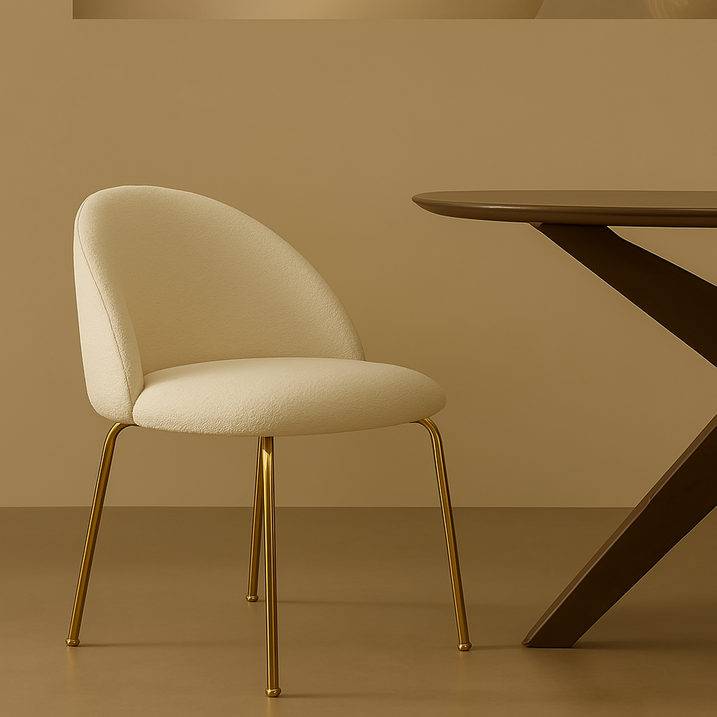 Silla de comedor tapizada en borreguito blanco. Perfecta para crear un ambiente confortable, además de sofisticado gracias a sus patas metálicas en dorado.
