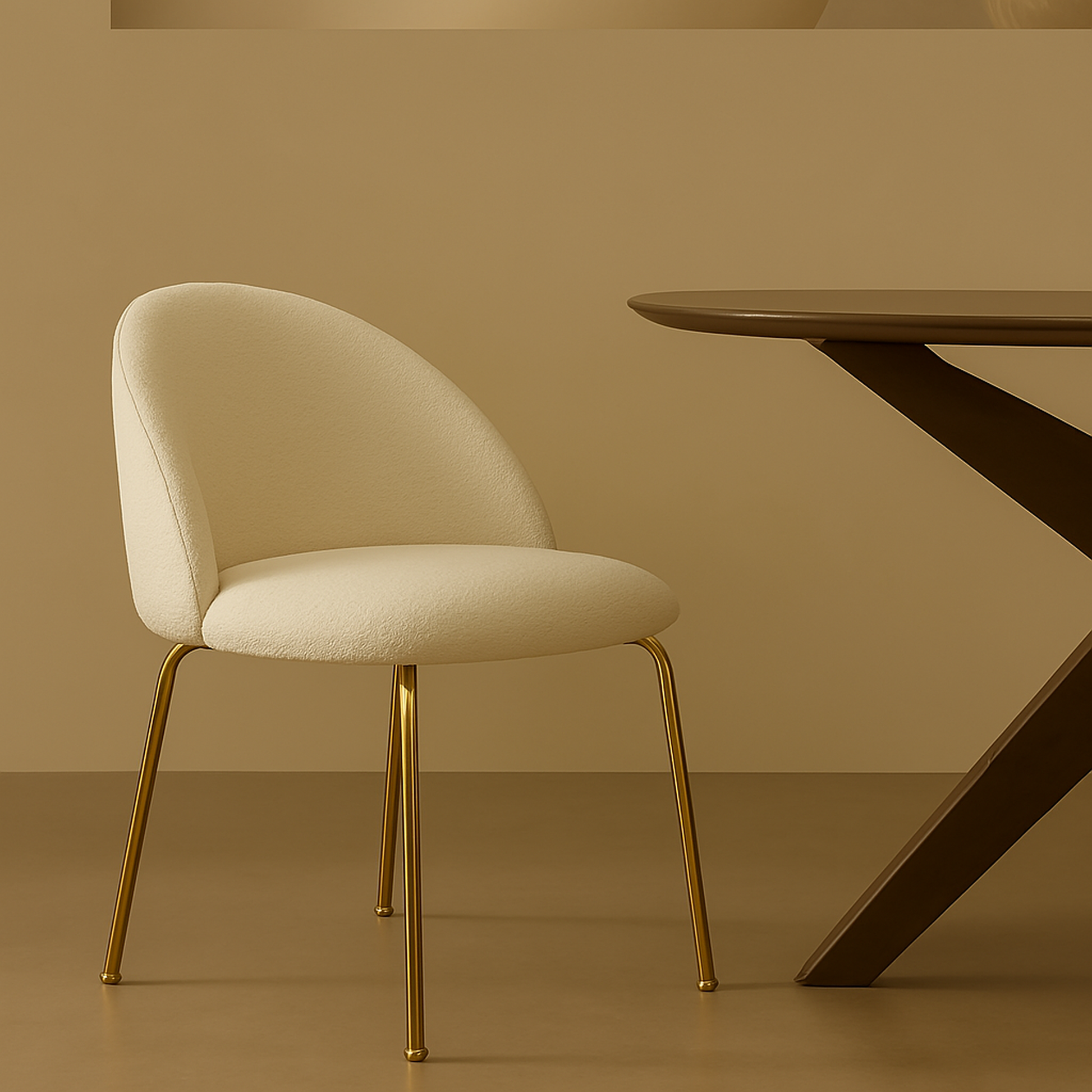Silla de comedor tapizada en borreguito blanco. Perfecta para crear un ambiente confortable, además de sofisticado gracias a sus patas metálicas en dorado.