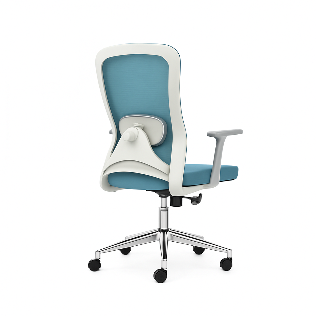 Silla de oficina ergonómica Sammy-MG con respaldo de malla media altura, soporte lumbar 2D, reposabrazos ajustables y sistema de inclinación con bloqueo.