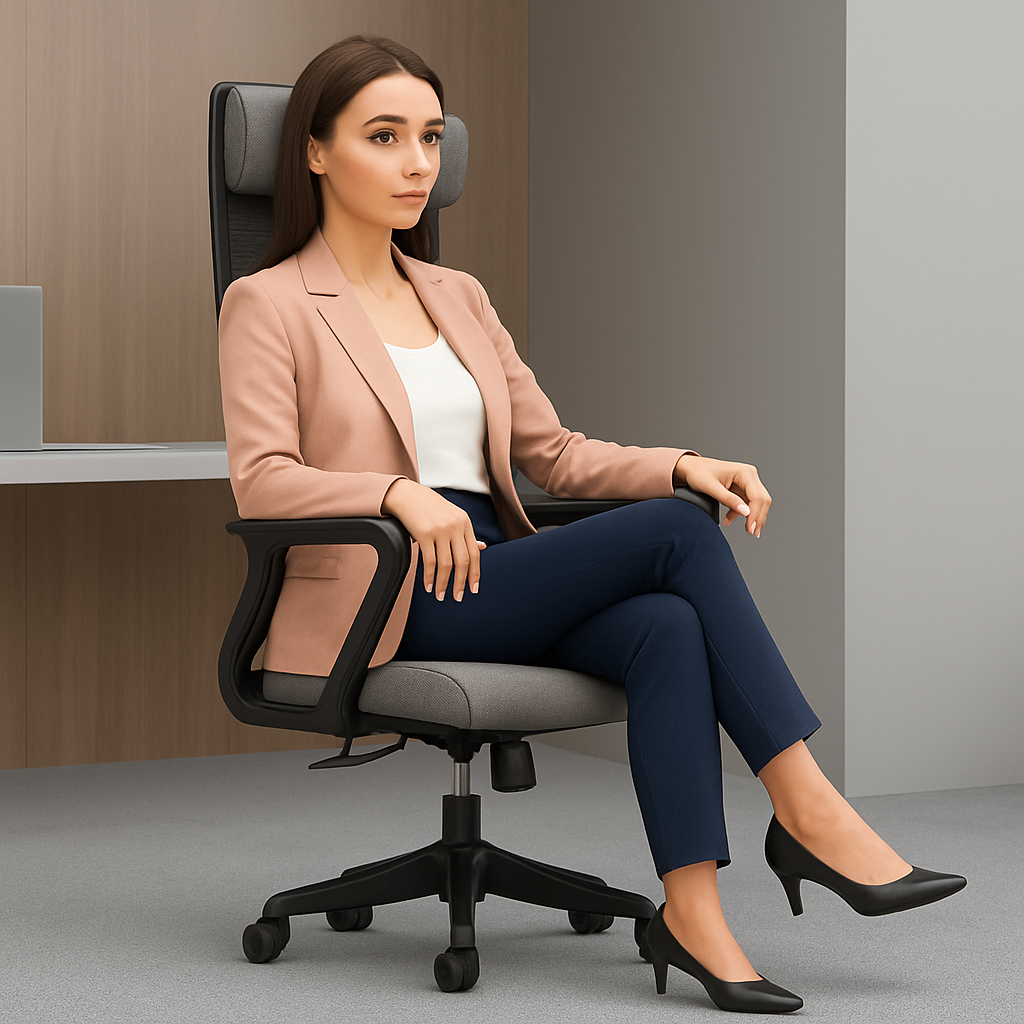 Silla de oficina ergonómica Steven-H con respaldo de malla, reposacabezas ajustable, soporte lumbar 2D, reposabrazos fijos y sistema de bloqueo de inclinación.