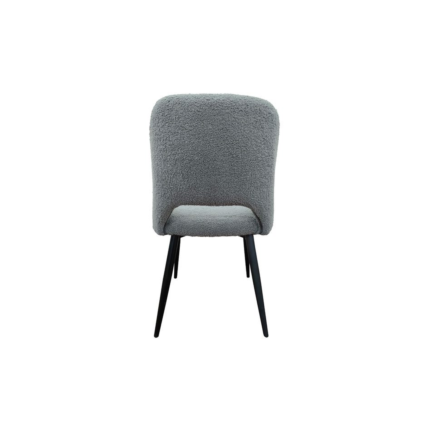 Silla de comedor tapizada en bouclé gris y patas metálicas en negro. Ideales para dar un toque elegante y glamouroso tanto en comedores como en cocinas.