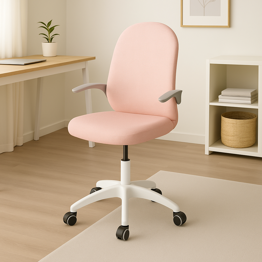 Silla de oficina IRIS de malla en rosa o gris, ergonómica y compacta. Diseño moderno y cómodo para estudio u oficina. Medidas: 47 × 56 × 89 cm.