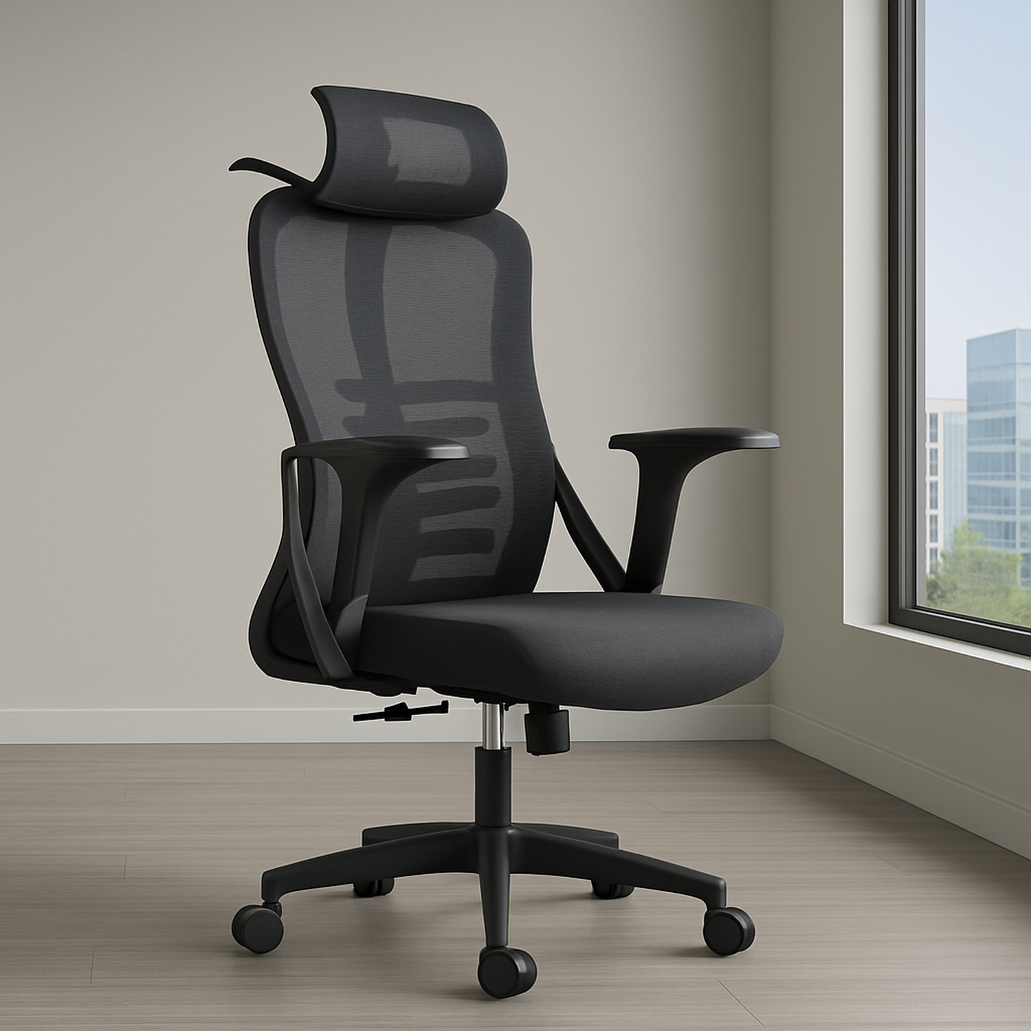 Silla de oficina ergonómica con respaldo de malla, soporte lumbar 2D, reposacabezas ajustable, reposabrazos fijos y mecanismo multifunción con bloqueo.