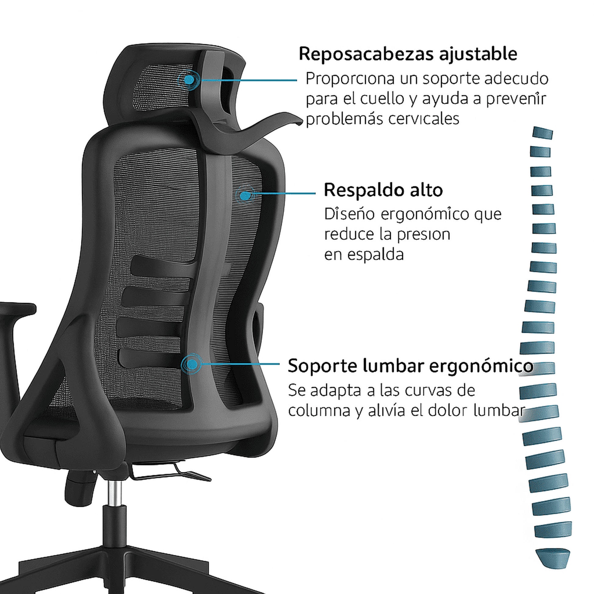 Silla de oficina ergonómica con respaldo de malla, soporte lumbar 2D, reposacabezas ajustable, reposabrazos fijos y mecanismo multifunción con bloqueo.