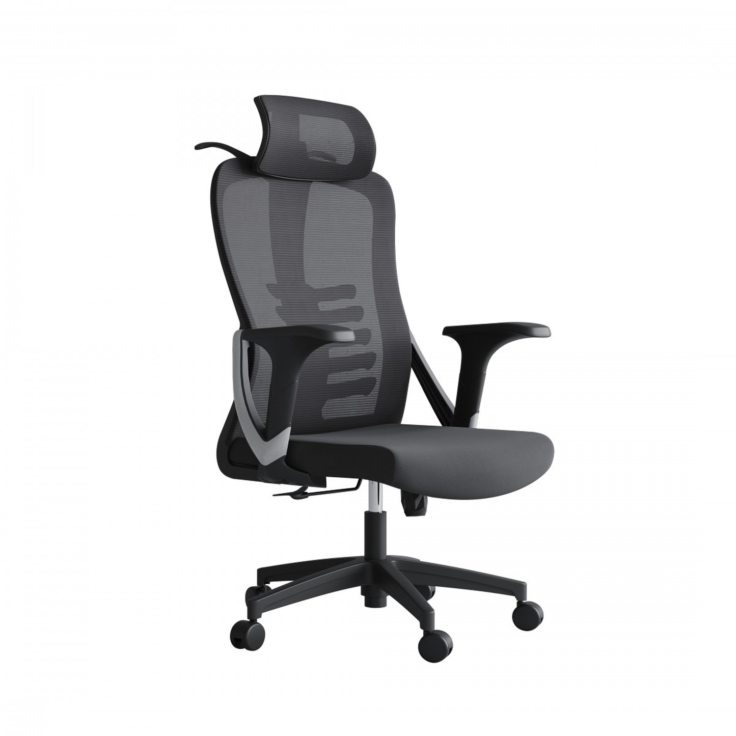 Silla de oficina ergonómica con respaldo de malla, soporte lumbar 2D, reposacabezas ajustable, reposabrazos fijos y mecanismo multifunción con bloqueo.