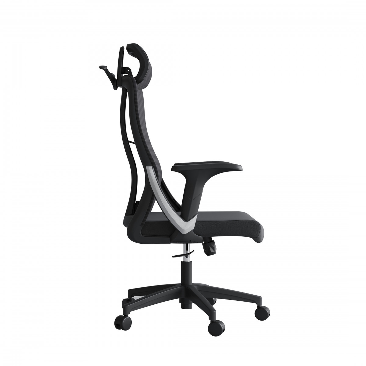 Silla de oficina ergonómica con respaldo de malla, soporte lumbar 2D, reposacabezas ajustable, reposabrazos fijos y mecanismo multifunción con bloqueo.