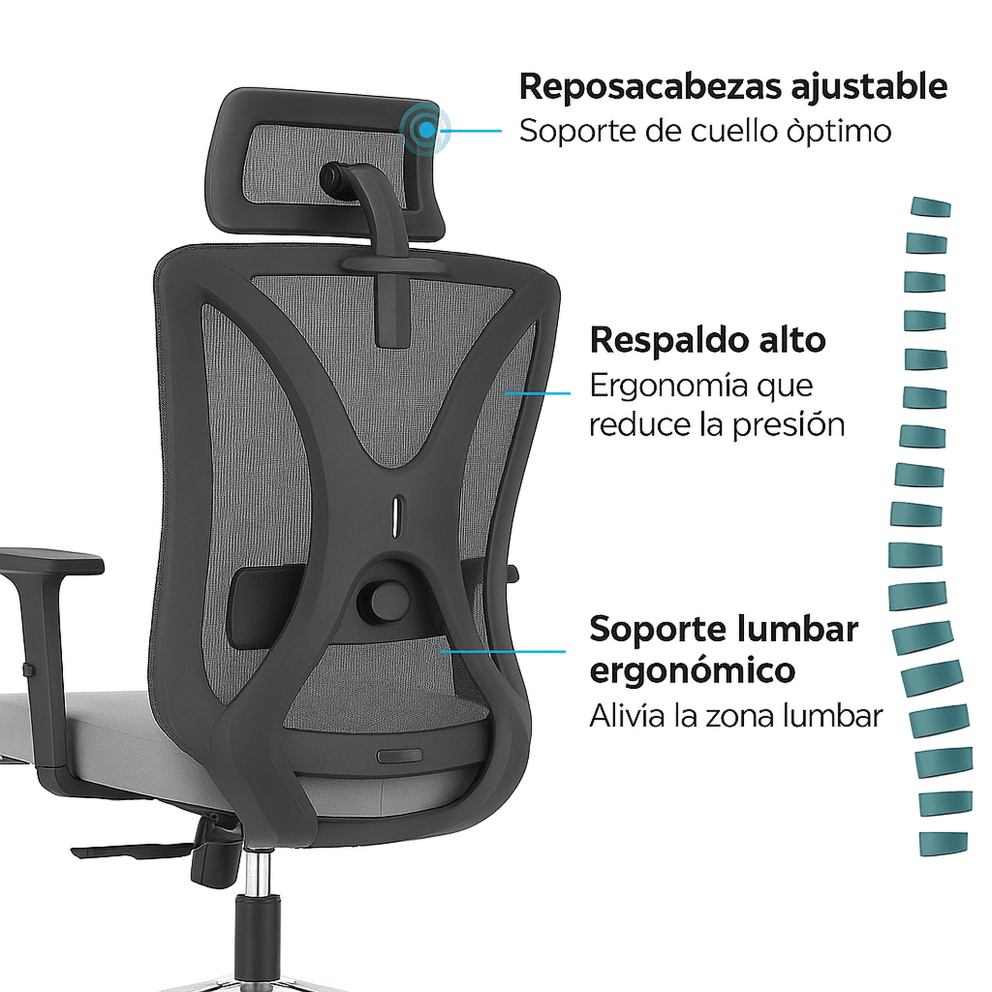 Silla de oficina ergonómica Prima-G con respaldo de malla, soporte lumbar 2D, asiento gris, reposacabezas 2D y ajuste multifunción de 3 posiciones.