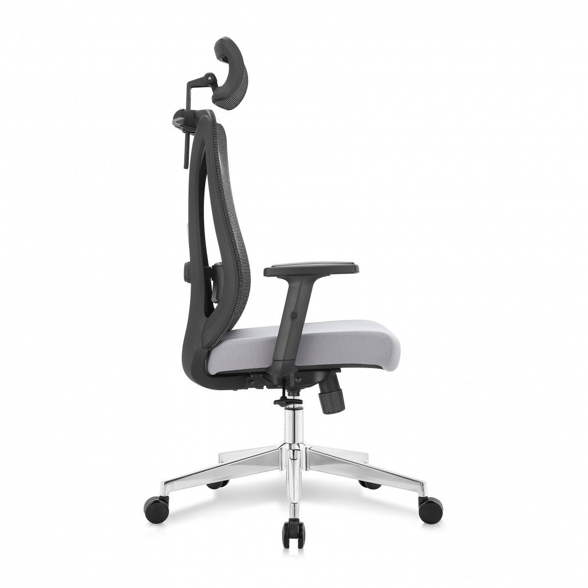 Silla de oficina ergonómica Prima-G con respaldo de malla, soporte lumbar 2D, asiento gris, reposacabezas 2D y ajuste multifunción de 3 posiciones.