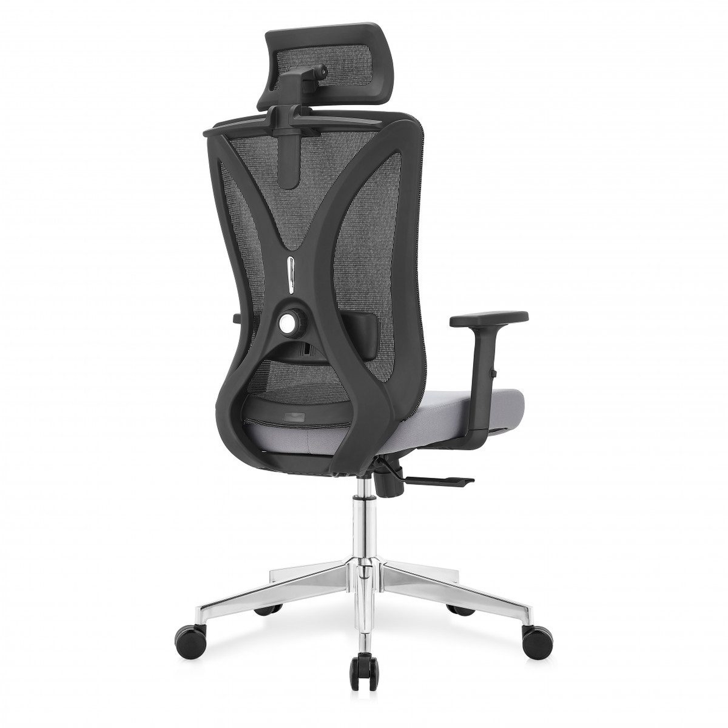 Silla de oficina ergonómica Prima-G con respaldo de malla, soporte lumbar 2D, asiento gris, reposacabezas 2D y ajuste multifunción de 3 posiciones.