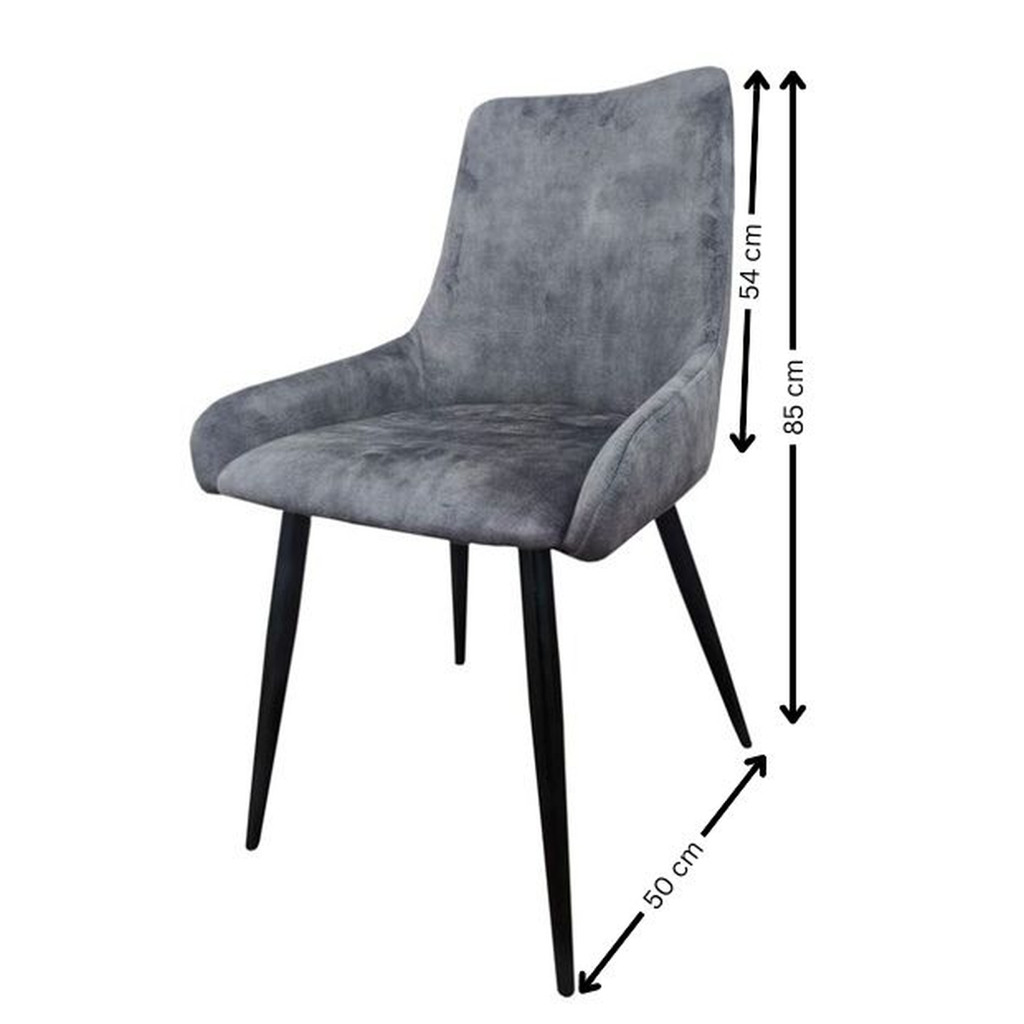 Silla de comedor con reposabrazos, tapizada con acabado terciopelo en gris y patas metálicas color negro. Un diseño moderno, sencillo y práctico.