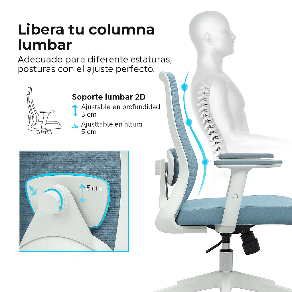 Silla de oficina ergonómica Sammy-MG con respaldo de malla media altura, soporte lumbar 2D, reposabrazos ajustables y sistema de inclinación con bloqueo.