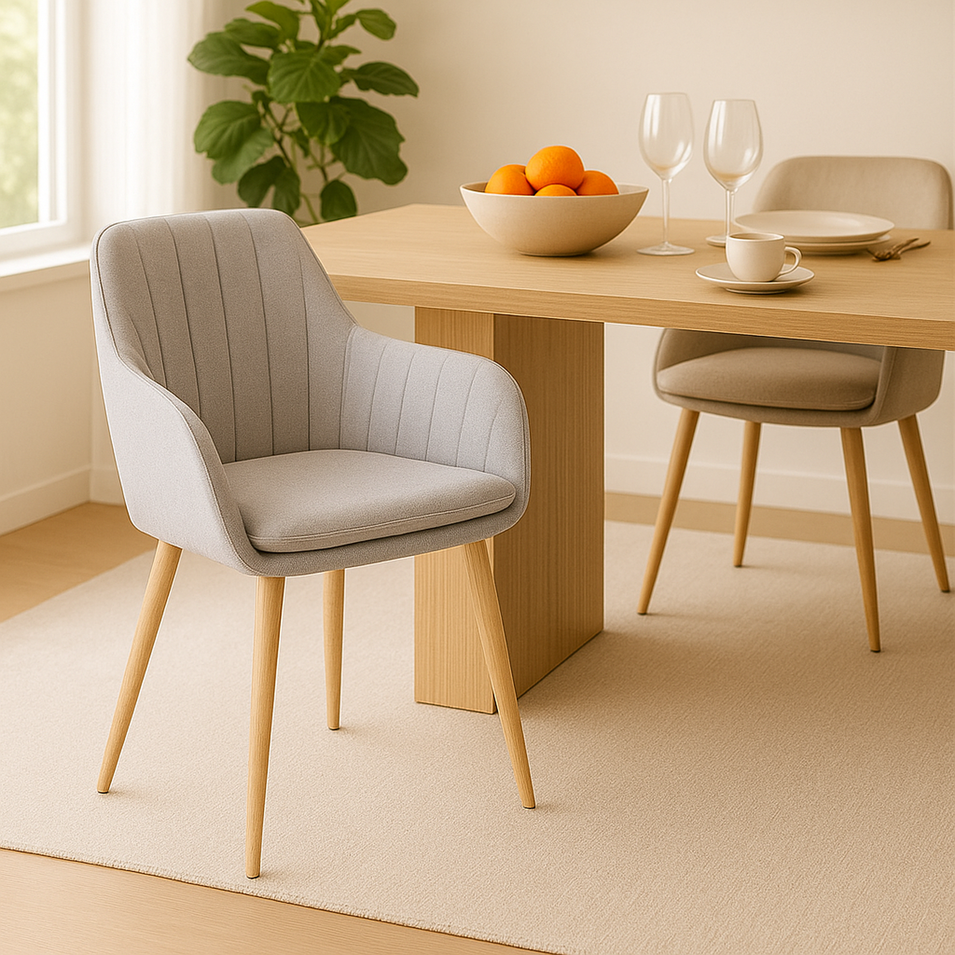 Sillón de comedor con un estilo sobrio y elegante. Disponible en beige y gris montaña. Cuenta con patas metálicas. Asiento y respaldo tapizados. 