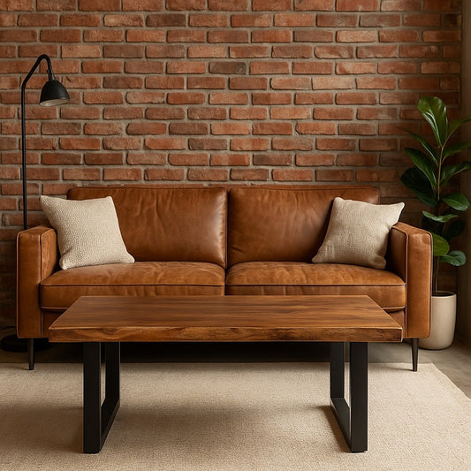 Mesa de centro VILNA de acacia con efecto óxido y patas en U negras. Un diseño industrial perfecto para salas modernas y con personalidad.