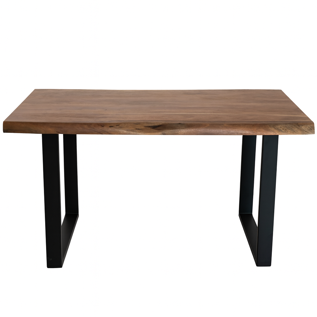 Mesa de comedor VILNA de acacia efecto óxido con patas en U negras. Diseño industrial ideal para espacios modernos y con estilo.